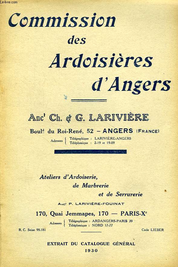 COMMISSION DES ARDOISIERES D'ANGERS, ANCIENNEMENT Ch. & G. LARIVIERE (CATALOGUE)