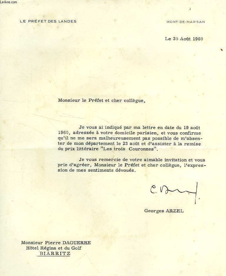 LETTRES MANUSCRITES ET DACTYLOGRAPHIEES, LE PRIX DES TROIS COURONNES, 1960-1961 (ARCHIVES DE PIERRE DAGUERRE)