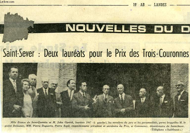 DOSSIER DE COUPURES DE JOURNAUX ET DE LETTRES, LE PRIX DES TROIS COURONNES, 1967 (ARCHIVES DE PIERRE DAGUERRE)