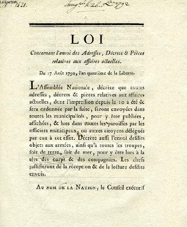 LOI, N 1421, CONCERNANT L'ENVOI DES ADRESSES, DECRETS & PIECES RELATIVES AUX AFFAIRES ACTUELLES