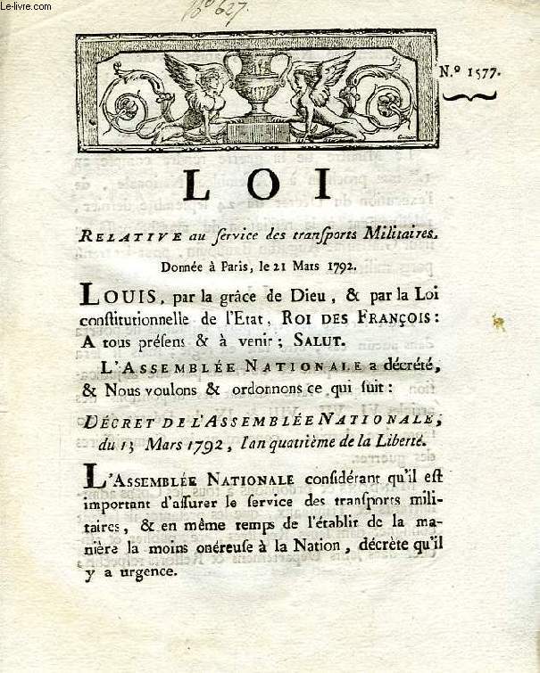LOI, N 1577, RELATIVE AU SERVICE DS TRANSPORTS MILITAIRES