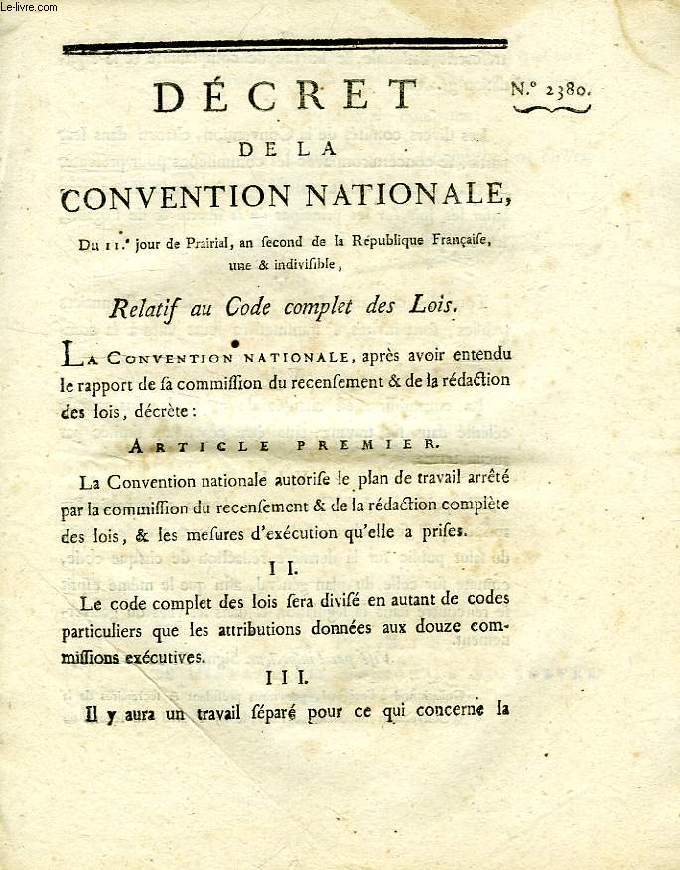 DECRET DE LA CONVENTION NATIONALE, N 2380, RELATIF AU CODE COMPLET DES LOIS