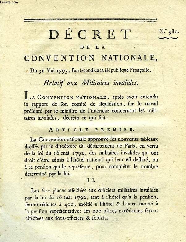 DECRET DE LA CONVENTION NATIONALE, N 980, RELATIF AUX MILITAIRES INVALIDES