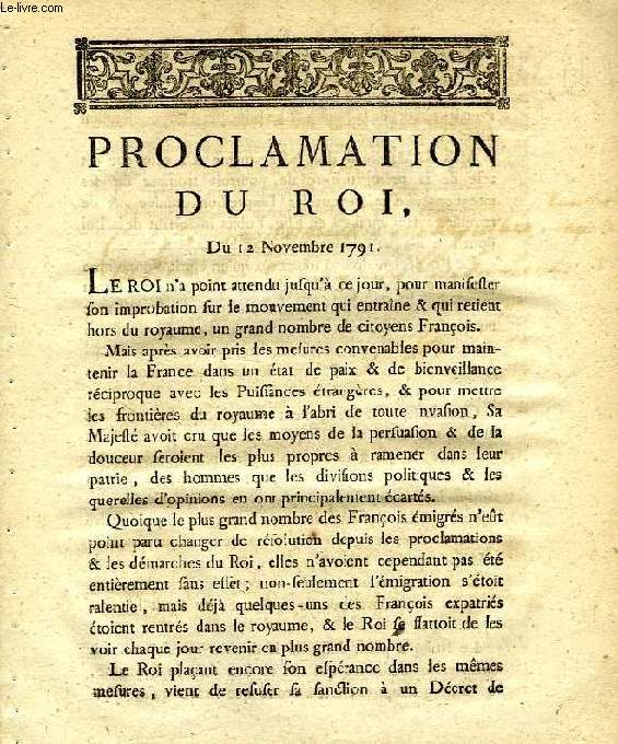PROCLAMATION DU ROI, DU 12 NOVEMBRE 1791