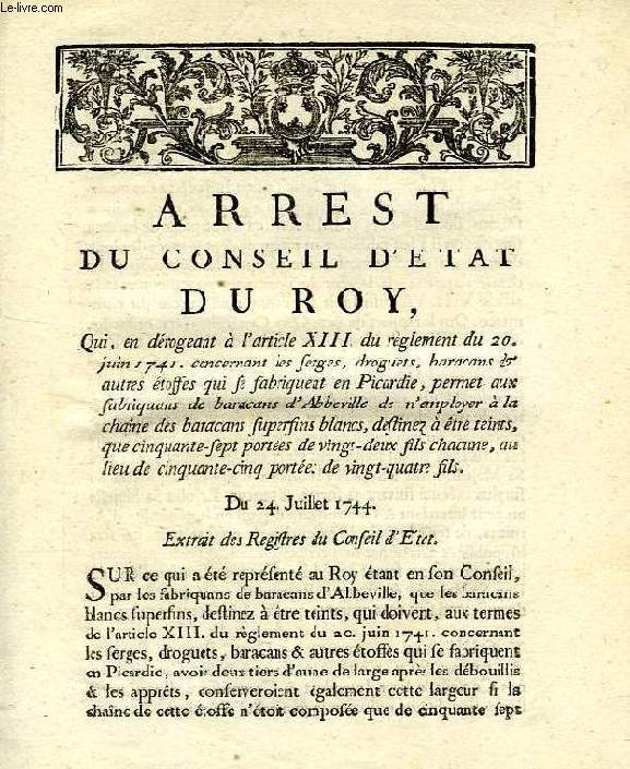 ARREST DU CONSEIL D'ETAT DU ROY, DU 24 JUILLET 1744