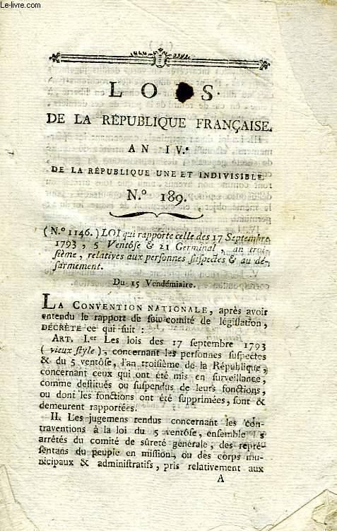 LOIS DE LA REPUBLIQUE FRANCAISE, N 189, AN IV DE LA REPUBLIQUE UNE ET INDIVISIBLE