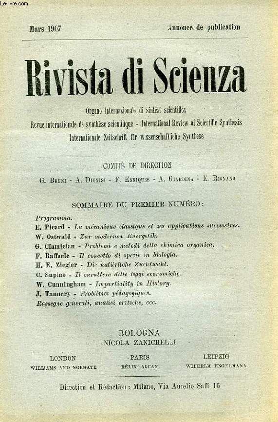 RIVISTA DI SCIENZA, MARS 1907, ANNONCE DE PUBLICATION