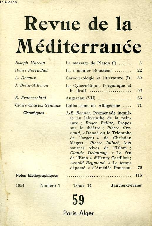 REVUE DE LA MEDITERRANEE, N 59 (T. 14, N 1), JAN.-FEV. 1954