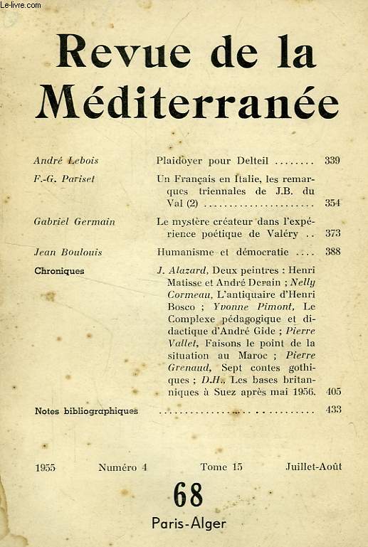 REVUE DE LA MEDITERRANEE, N 68 (T. 15, N 4), JUILLET-AOUT 1955