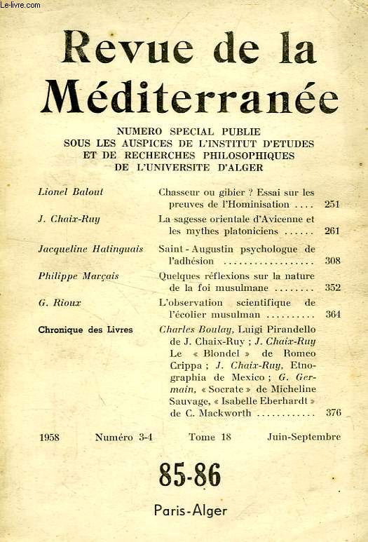 REVUE DE LA MEDITERRANEE, N 85-86 (T. 18, N 3-4), JUIN-SEPT. 1958