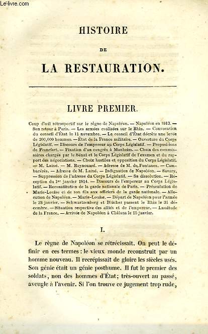 HISTOIRE DE LA RESTAURATION, TOME I