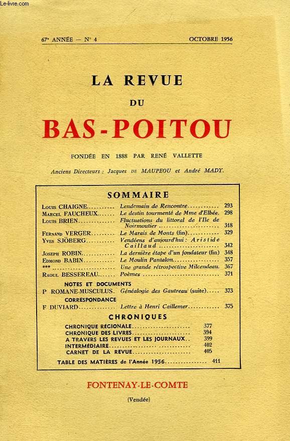 LA REVUE DU BAS-POITOU, 67e ANNEE, N 4, OCT. 1956