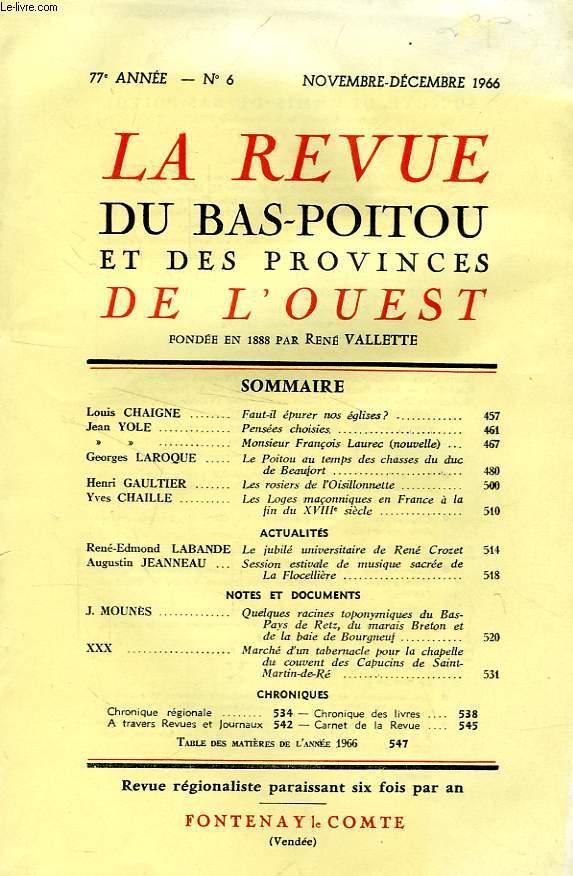 LA REVUE DU BAS-POITOU ET DES PROVINCES DE L'OUEST, 77e ANNEE, N 6, NOV.-DEC. 1966