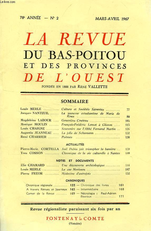 LA REVUE DU BAS-POITOU ET DES PROVINCES DE L'OUEST, 78e ANNEE, N 2, MARS-AVRIL 1967