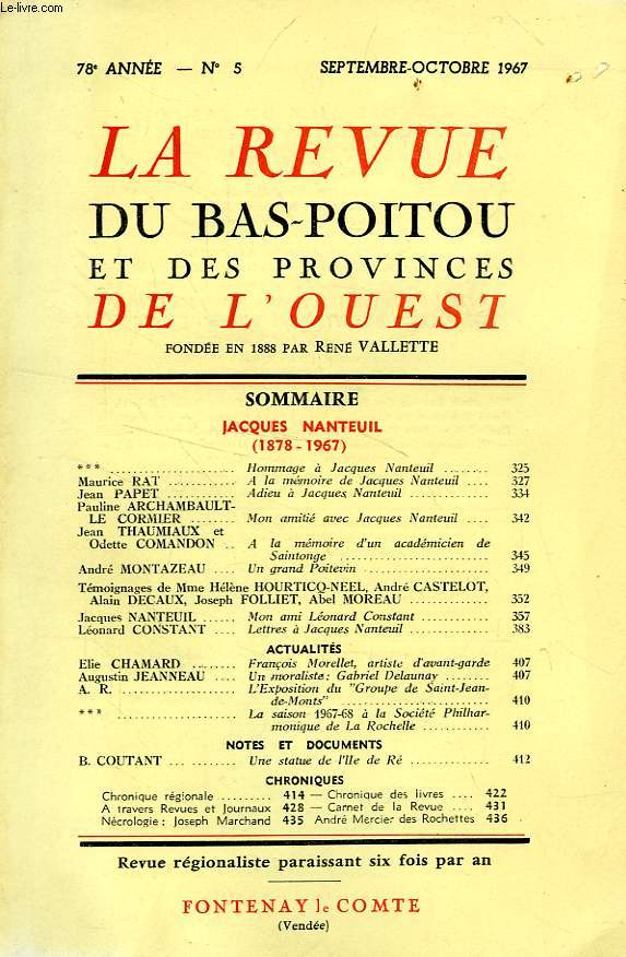 LA REVUE DU BAS-POITOU ET DES PROVINCES DE L'OUEST, 78e ANNEE, N 5, SEPT.-OCT. 1967