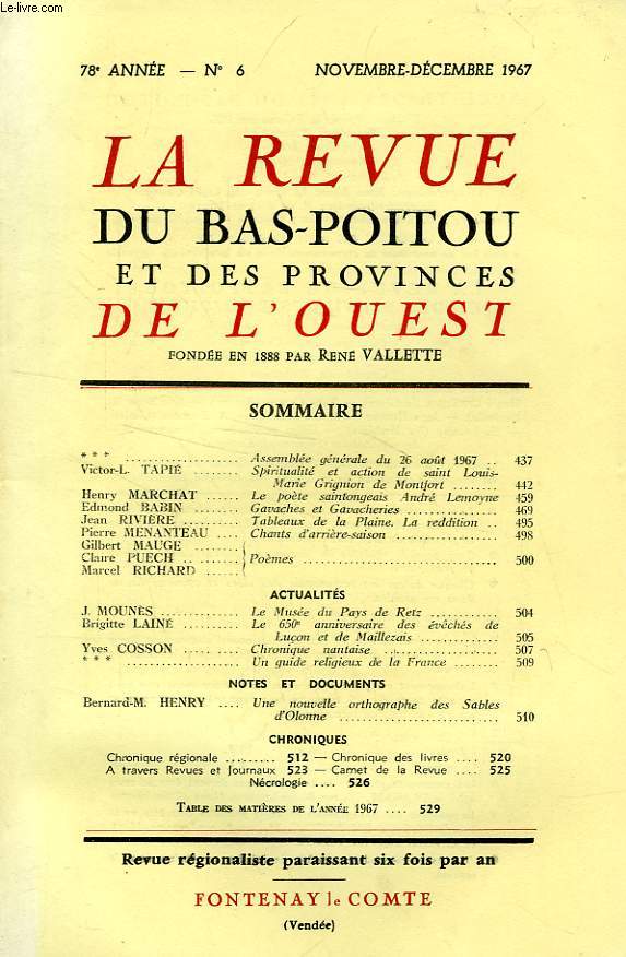 LA REVUE DU BAS-POITOU ET DES PROVINCES DE L'OUEST, 78e ANNEE, N 6, NOV.-DEC. 1967