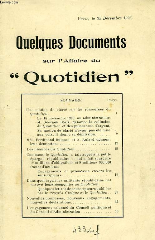 QUELQUES DOCUMENTS SUR L'AFFAIRE DU 'QUOTIDIEN', 25 DEC. 1926