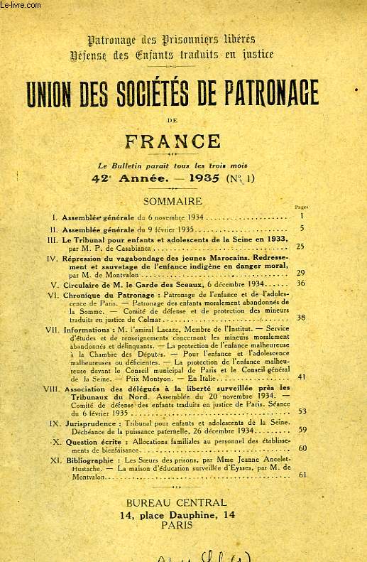 UNION DES SOCIETES DE PATRONAGE DE FRANCE, 42e ANNEE, N 1, 1935