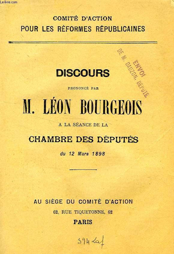 DISCOURS PRONONCE PAR M. LEON BOURGEOIS A LA SEANCE DE LA CHAMBRE DES DEPUTES DU 12 MARS 1898