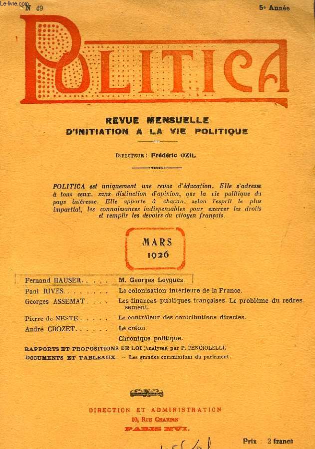 POLITICA, 5e ANNEE, N 49, MARS 1926, EXTRAIT, M. GEORGES LEYGUES