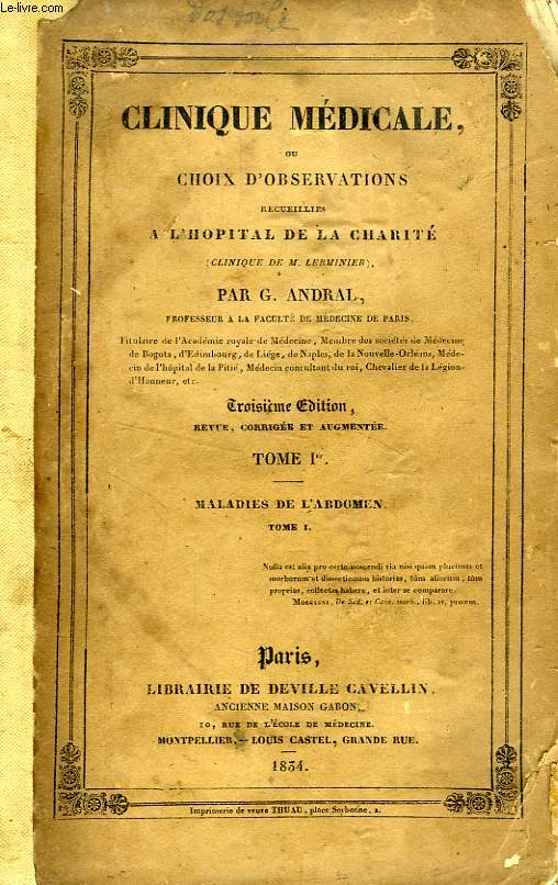 CLINIQUE MEDICALE, OU CHOIX D'OBSERVATIONS RECUEILLIES A L'HOPITAL DE LA CHARITE (CLINIQUE DE M. LERMINIER), MALADIES DE L'ABDOMEN, 2 TOMES