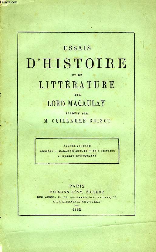 ESSAIS D'HISTOIRE ET DE LITTERATURE