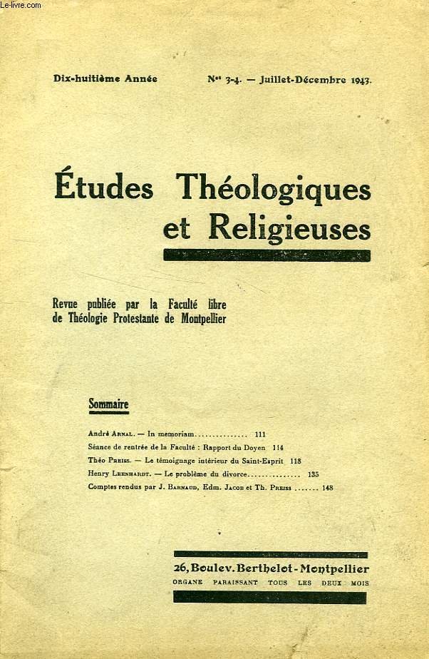 ETUDES THEOLOGIQUES ET RELIGIEUSES, 18e ANNEE, N 3-4, JUILLET-DEC. 1943