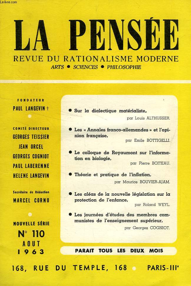 LA PENSEE, REVUE DE RATIONALISME MODERNE, NOUVELLE SERIE, N 110, AOUT 1963