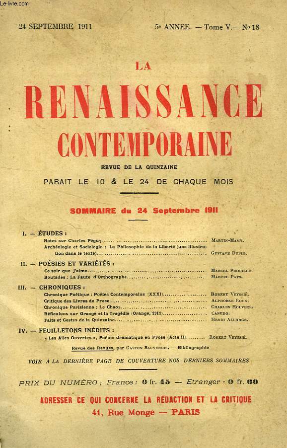 LA RENAISSANCE CONTEMPORAINE, 5e ANNEE, N 18, SEPT. 1911