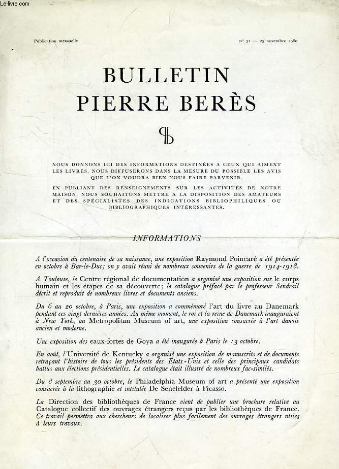 BULLETIN PIERRE BERES, N 31, NOV. 1960