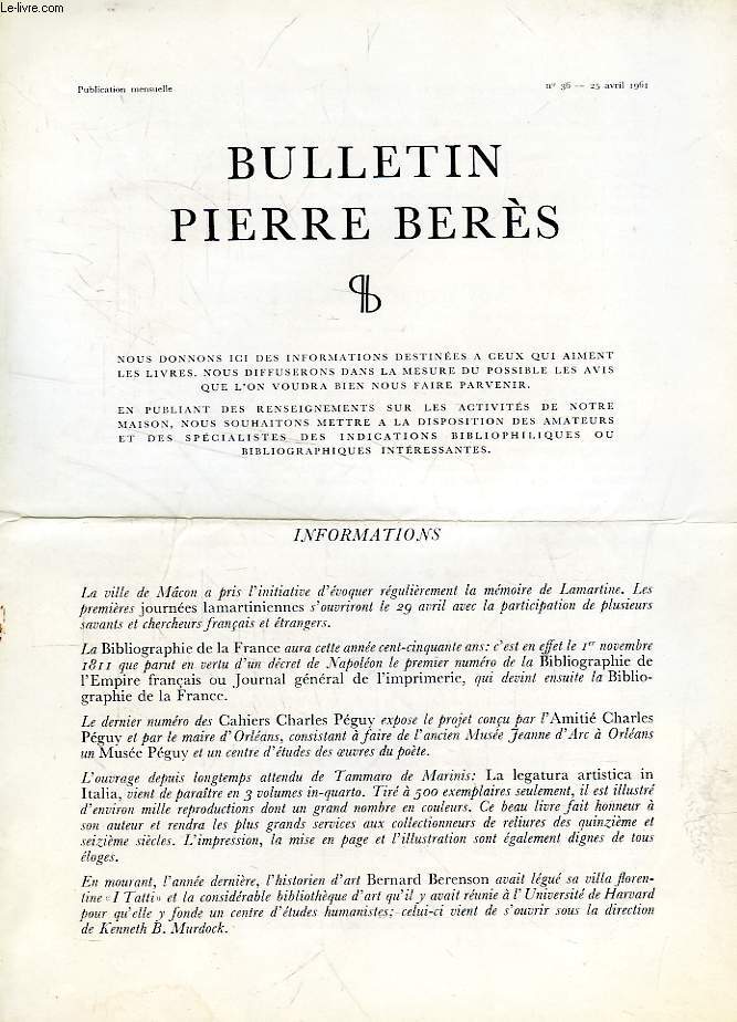 BULLETIN PIERRE BERES, N 36, AVRIL 1961
