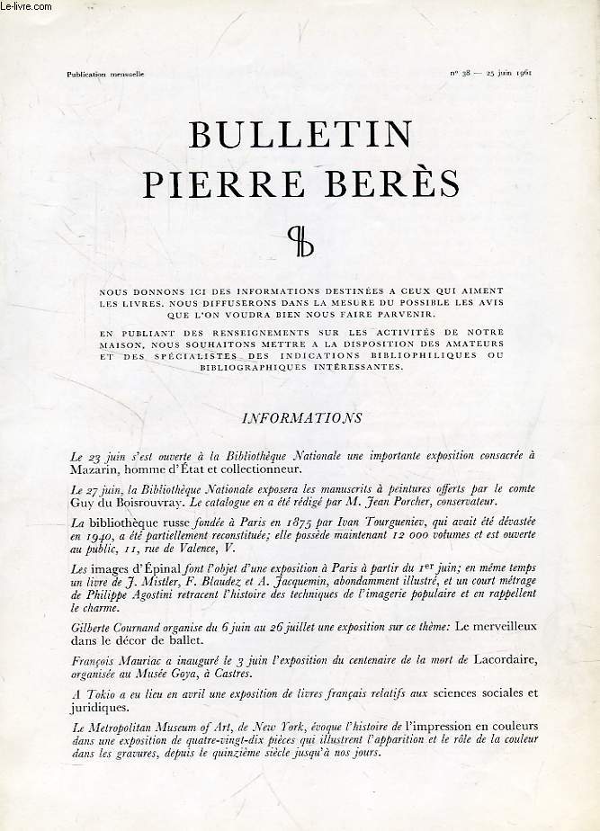 BULLETIN PIERRE BERES, N 38, JUIN 1961