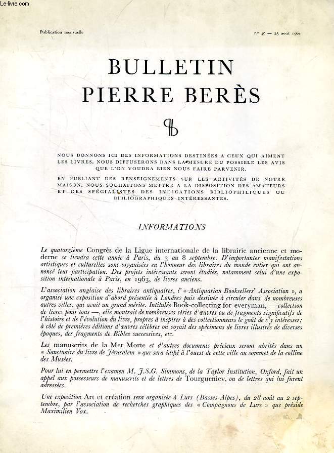 BULLETIN PIERRE BERES, N 40, AOUT 1961