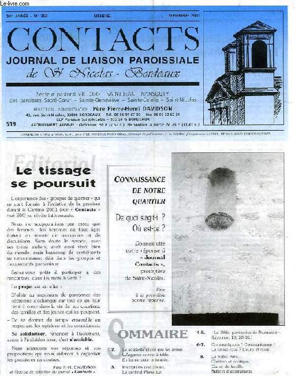 CONTACTS, JOURNAL DE LIAISON PAROISSIALE DE SAINT-NICOLAS, BORDEAUX, 24e ANNEE, N 259, SEPT. 2001