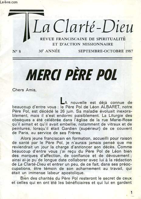 LA CLARTE-DIEU, 30e ANNEE, N 8, SEPT.-OCT. 1987