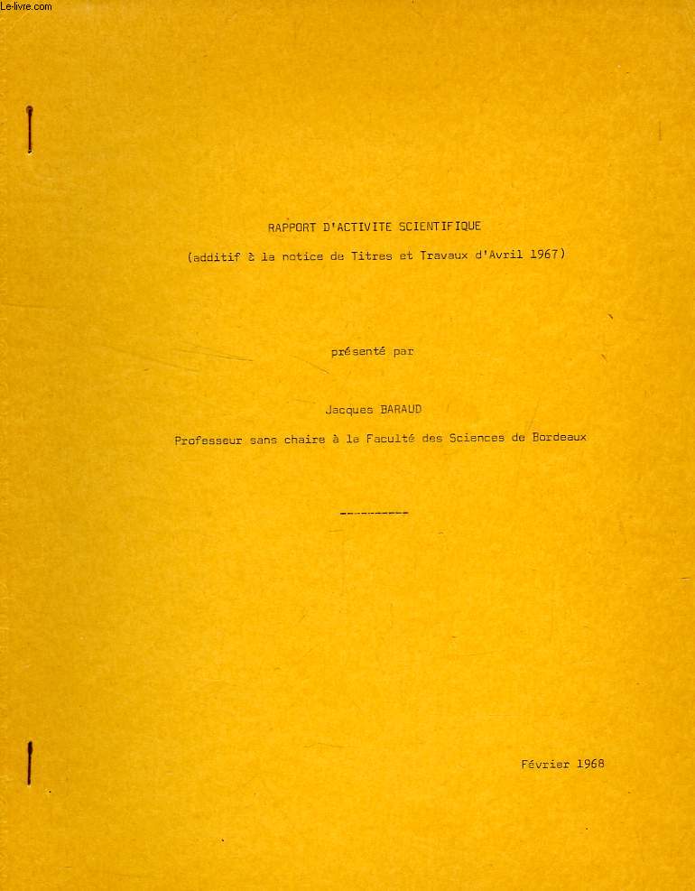 RAPPORT D'ACTIVITE SCIENTIFIQUE, FEV. 1968