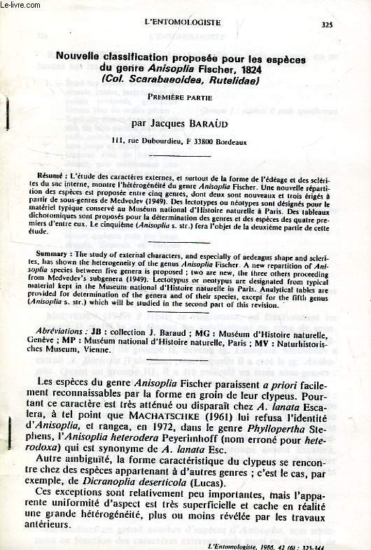 NOUVELLE CLASSIFICATION PROPOSEE POUR LES ESPECES DU GENRE ANISOPLIA FISCHER, 1824 (Col. Scarabaeoidea, Rutelidae), 1re PARTIE