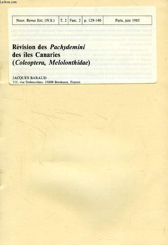 REVISION DES PACHYDEMINI DES ILES CANARIES (COL. MELOLONTHIDAE)