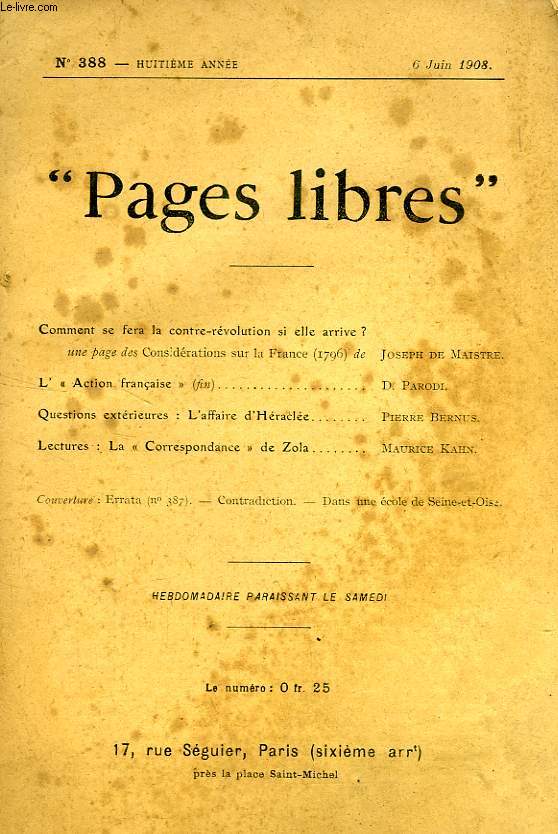 'PAGES LIBRES', 8e ANNEE, N 388, JUIN 1908