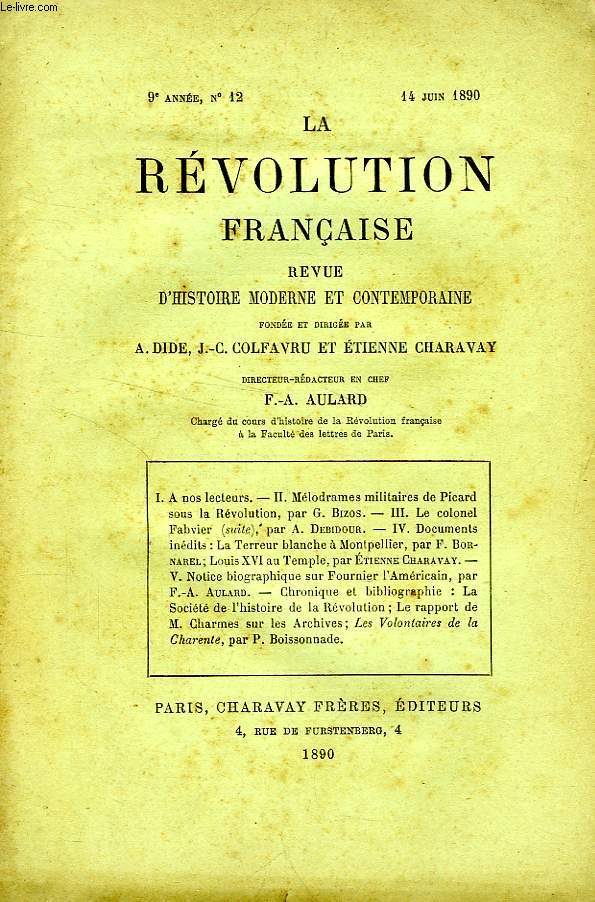 LA REVOLUTION FRANCAISE, REVUE HISTORIQUE, 9e ANNEE, N 12, JUIN 1890