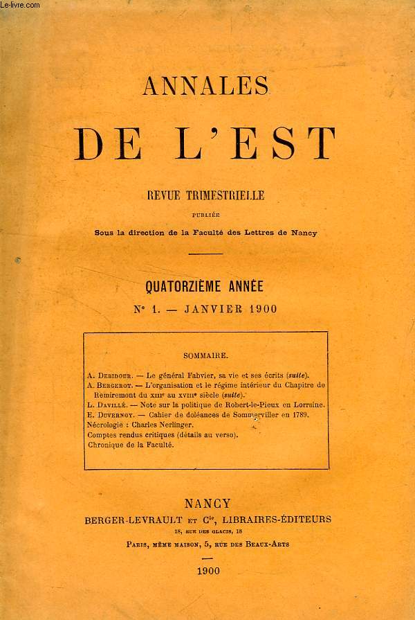 ANNALES DE L'EST, 14e ANNEE, N 1, JAN. 1900