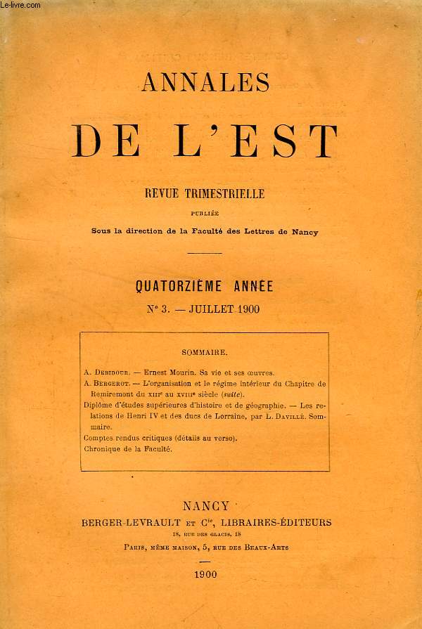 ANNALES DE L'EST, 14e ANNEE, N 3, JUILLET 1900