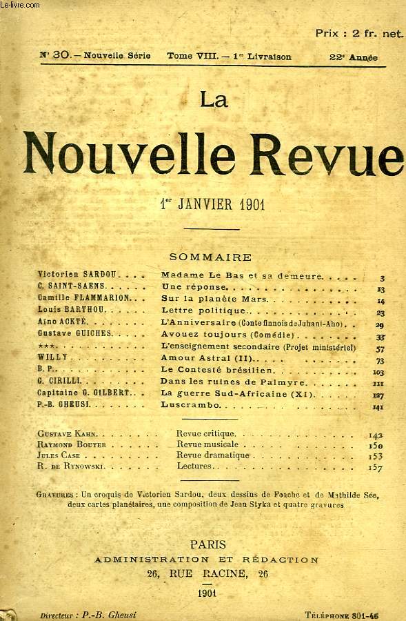 LA NOUVELLE REVUE, N 30, NOUVELLE SERIE, 22e ANNEE, TOME VIII, 1re LIV., 1er JAN. 1901