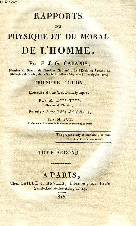 RAPPORTS DU PHYSIQUE ET DU MORAL DE L'HOMME, TOME II