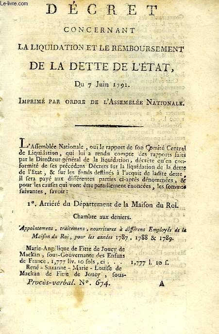 DECRET CONCERNANT LA LIQUIDATION ET LE REMBOURSEMENT DE LA DETTE DE L'ETAT, DU 7 JUIN 1791