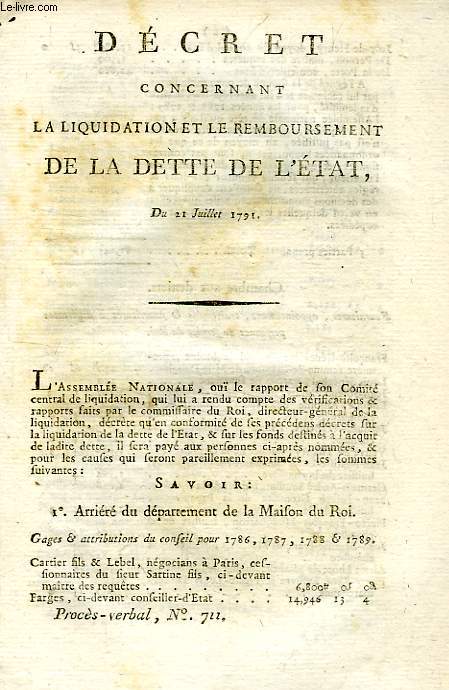 DECRET CONCERNANT LA LIQUIDATION ET LE REMBOURSEMENT DE LA DETTE DE L'ETAT, DU 16 JUILLET 1791