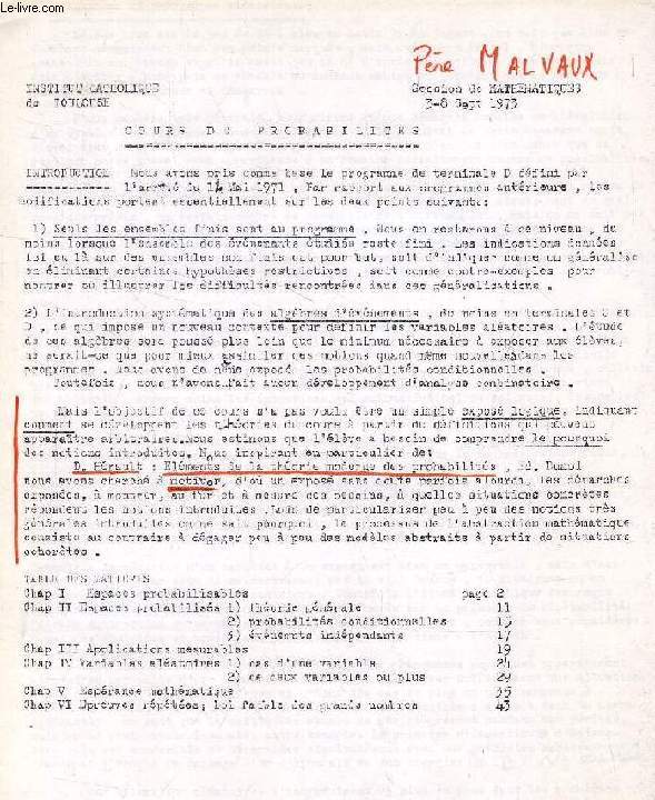 COURS DE PROBABILITES, SESSION DE MATHEMATIQUES SEPT. 1973