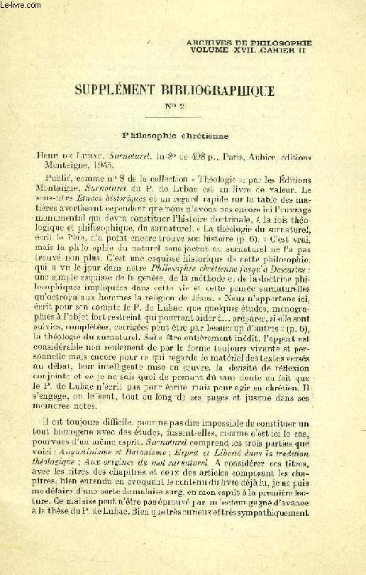 ARCHIVES DE PHILOSOPHIE, VOL. XVII, CAHIER II, SUPPLEMENT BIBLIOGRAPHIQUE N 2