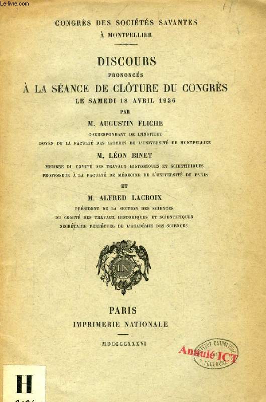 DISCOURS PRONONCES A LA SEANCE DE CLOTURE DU CONGRES DES SOCIETES SAVANTES, 18 AVRIL 1936