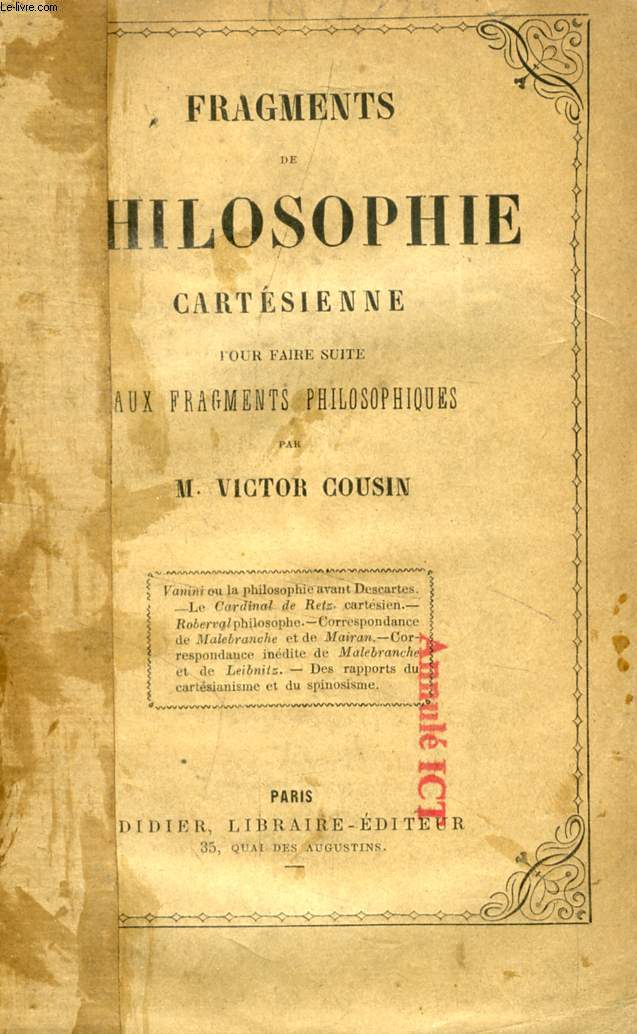 FRAGMENTS DE PHILOSOPHIE CARTESIENNE